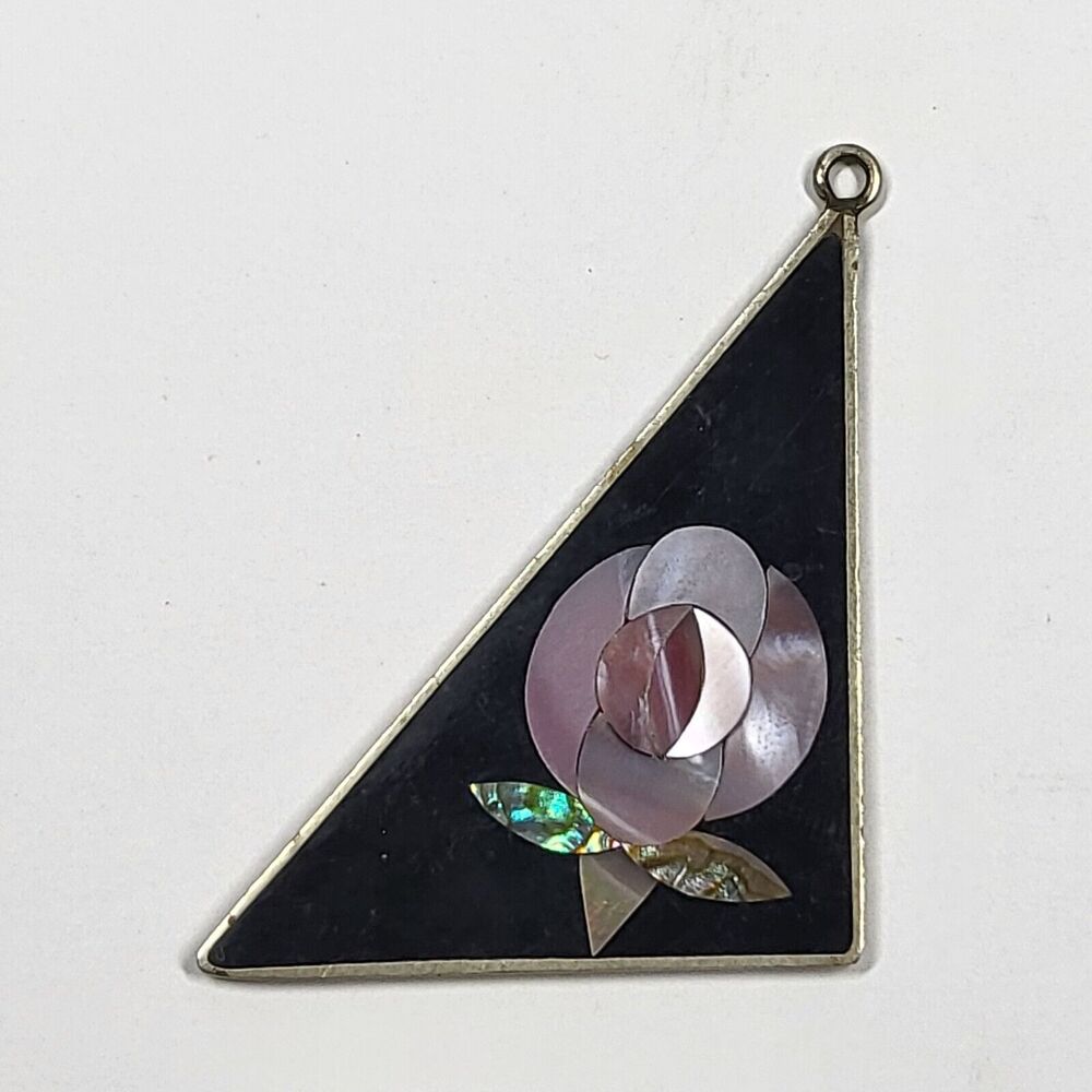 Alpaca Silver Mexico Triangle Pendant Charm MOP Flower Inlaid Vintage